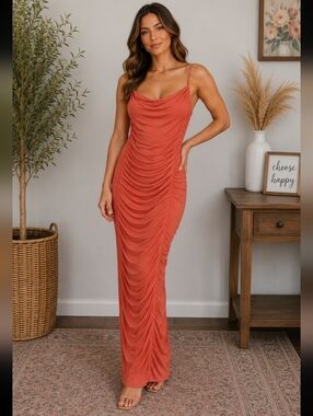 Elegant Coral Ruched Maxi Dress SZ M